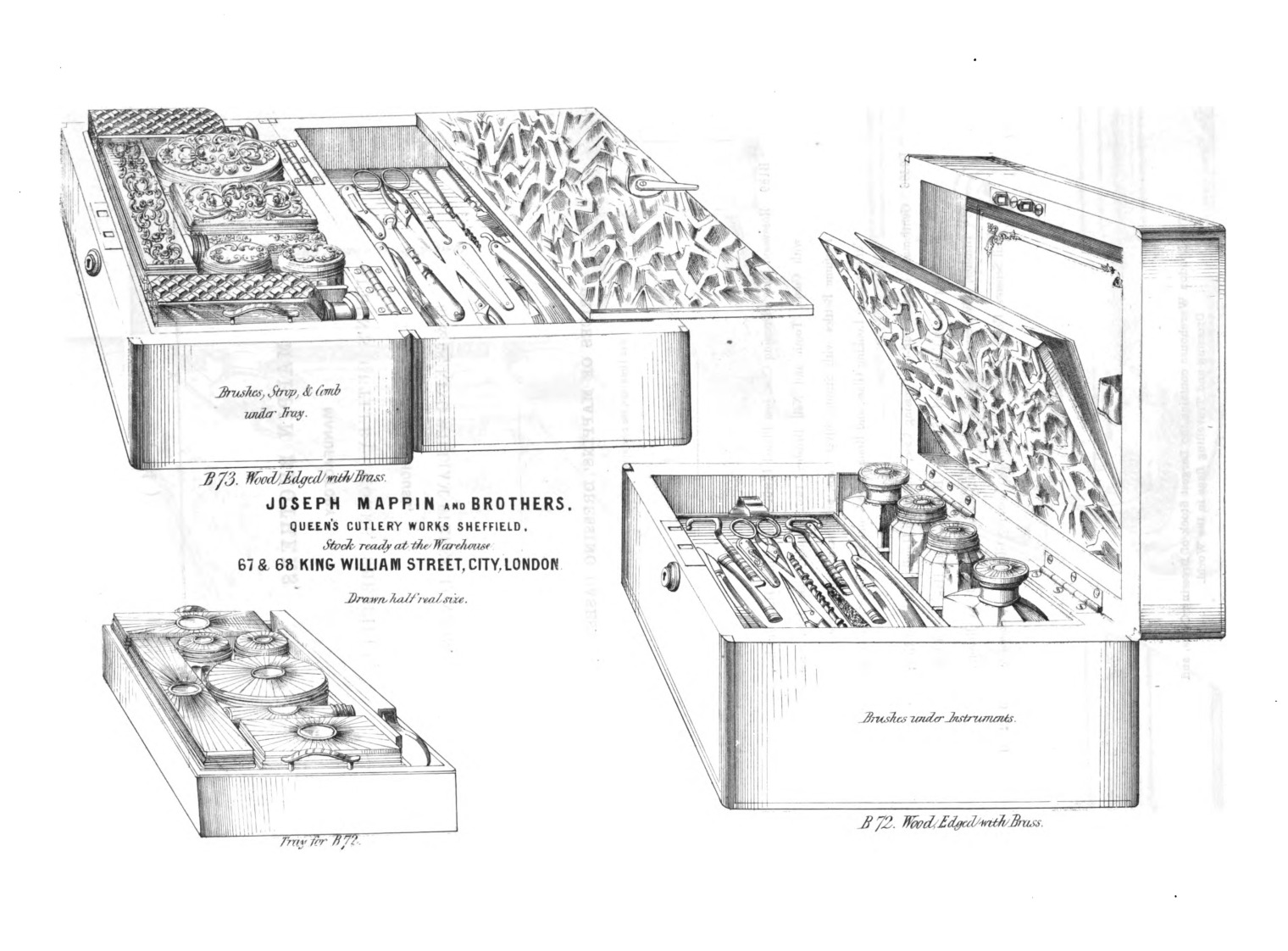 1860 Mappin Brothers catalogue illustrations of gentleman’s coromandel dressing cases B72 and B73 with fitted interiors.