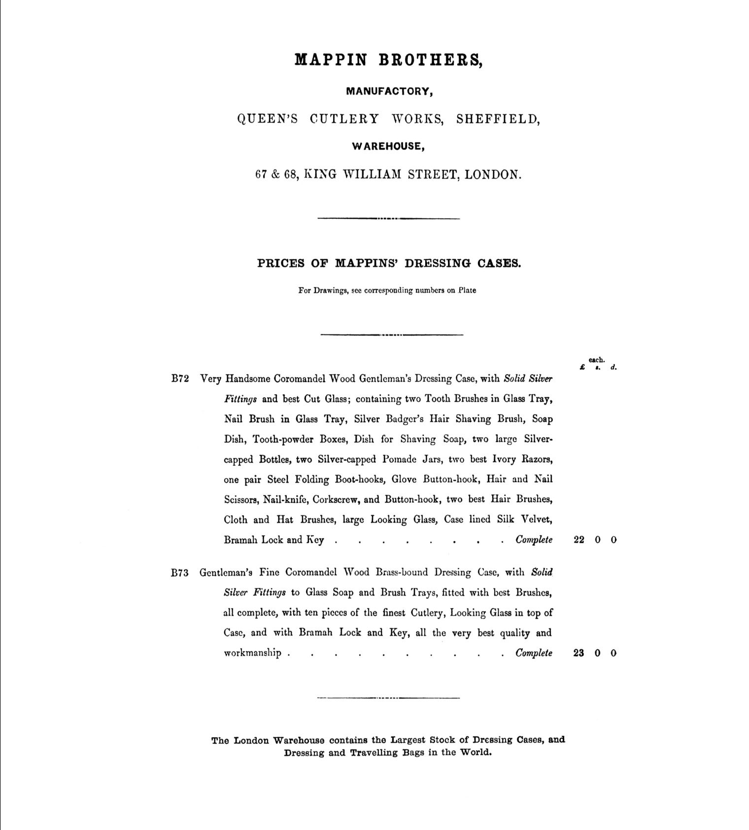 1860 Mappin Brothers catalogue page describing coromandel dressing cases B72 and B73, priced at £22 and £23.