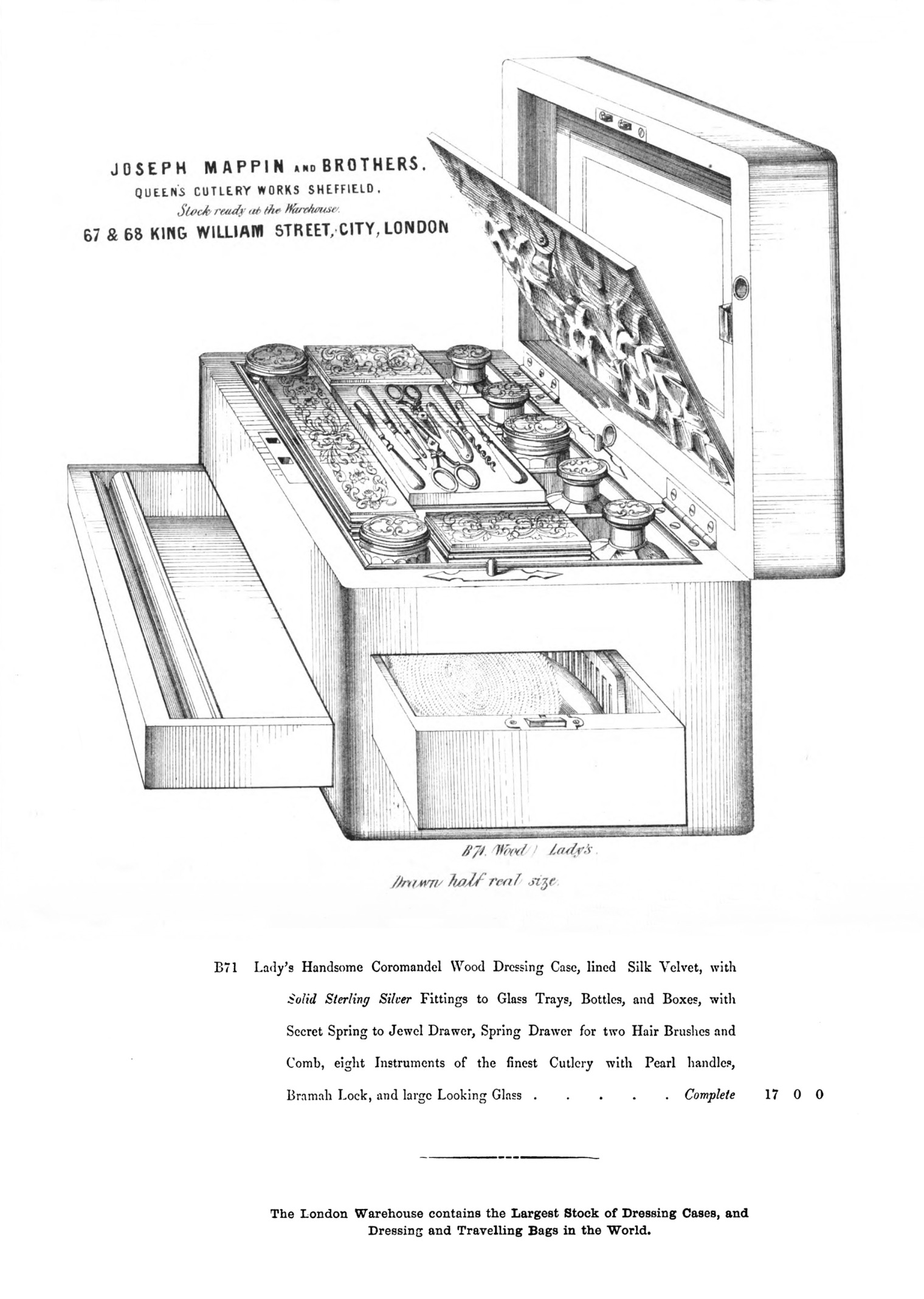 1860 Mappin Brothers catalogue illustration of B71, a lady’s fitted coromandel dressing case with concealed drawers.