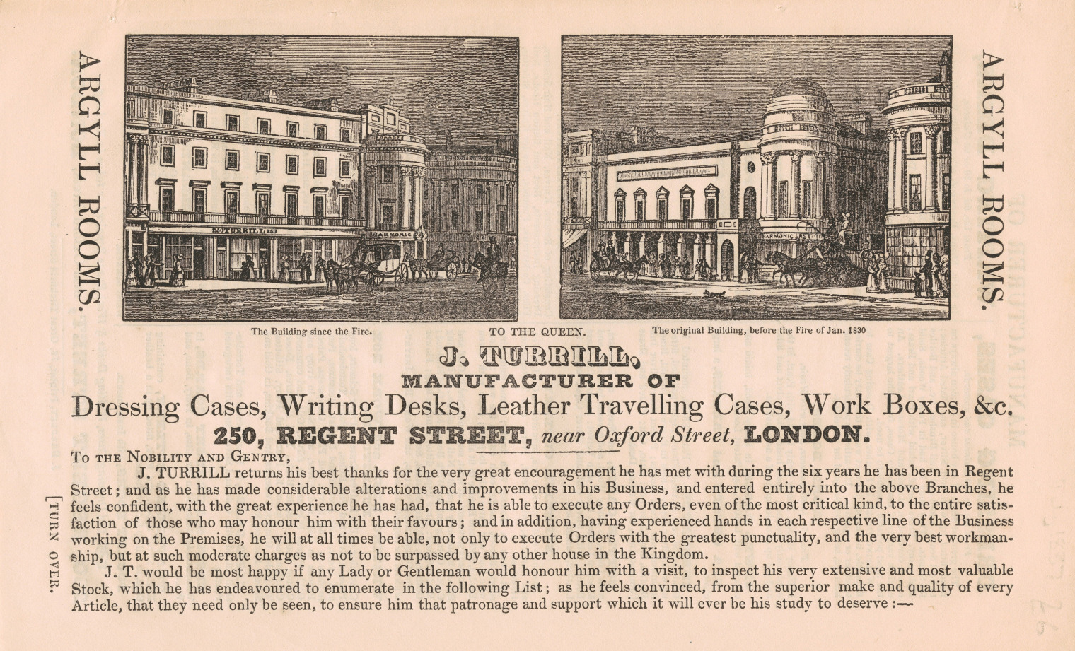 John Turrill trade advertisement from circa 1830-1840 - front side.